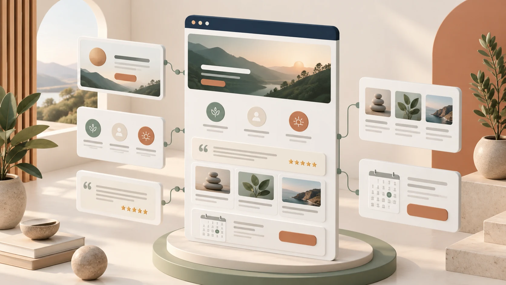 Modular coaching website sections for positioning, testimonials, content and booking