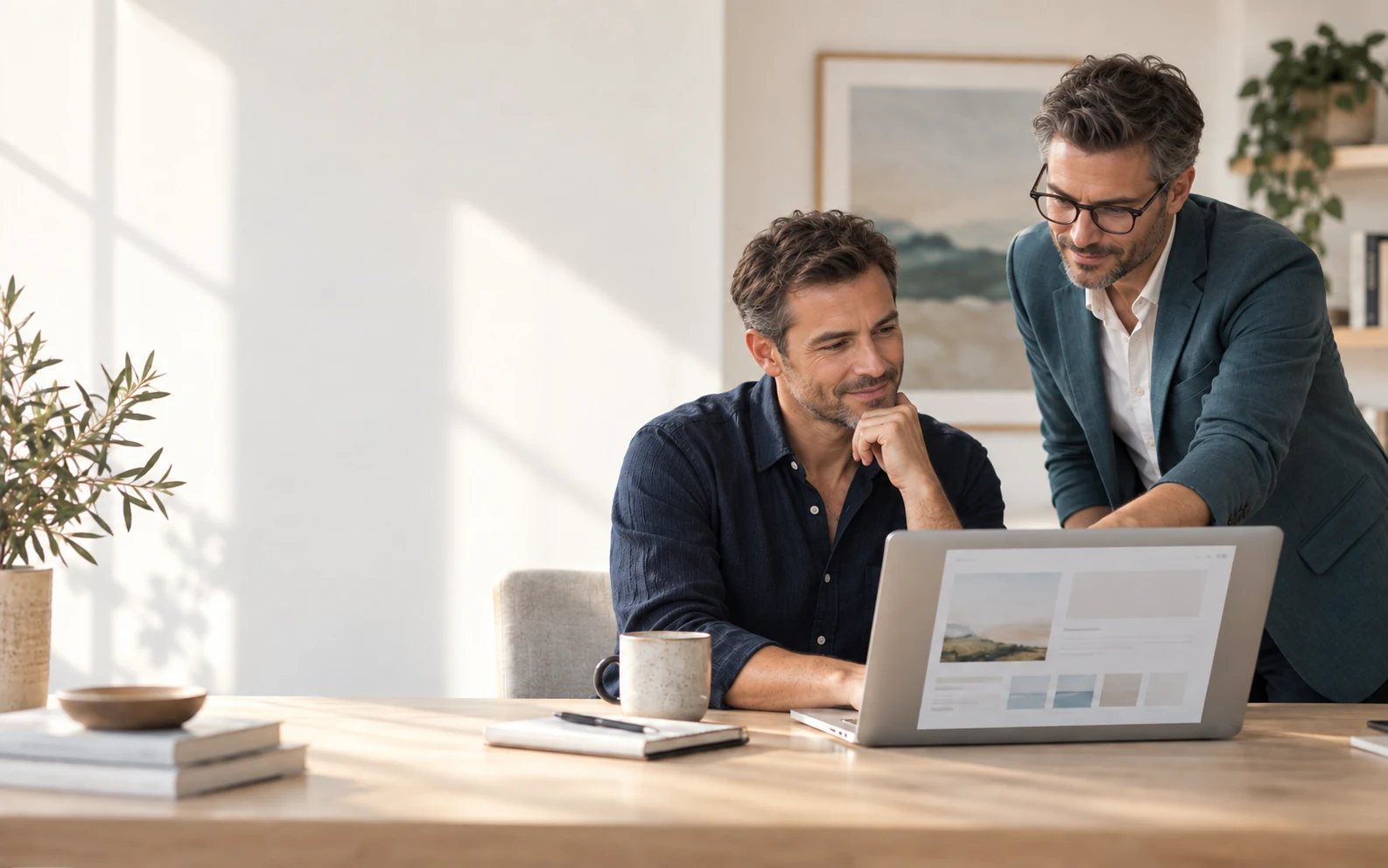 Two male consultants planning a clear expert website