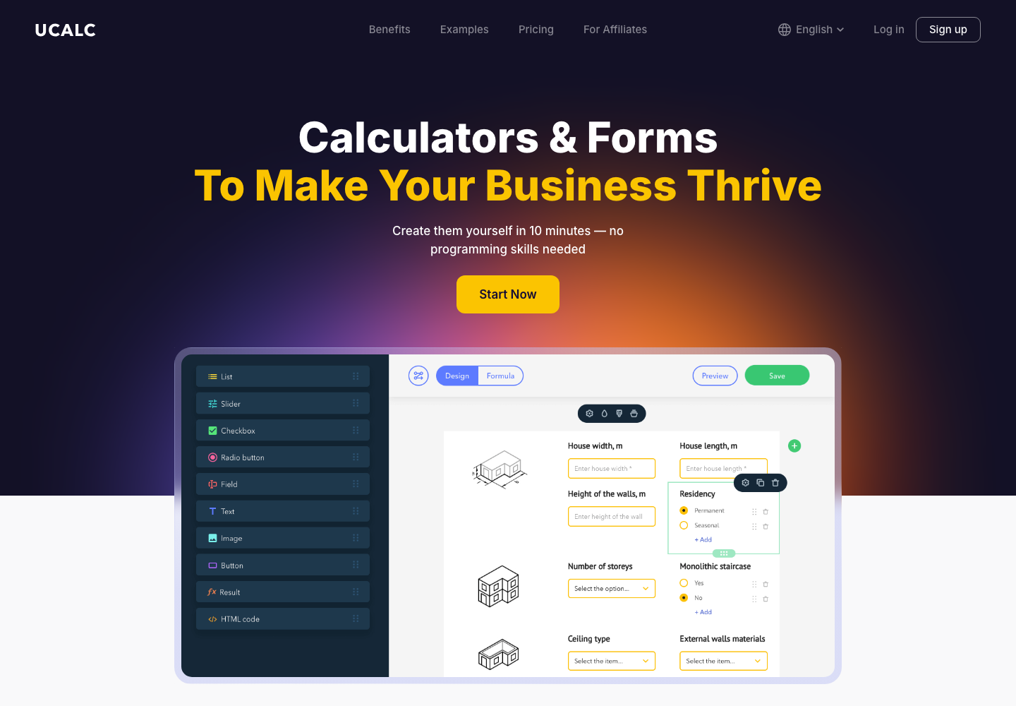 uCalc website calculator builder homepage in English
